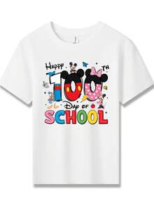 Disney Mickey Mouse Minnie Mouse Donald Duck Goofy 100th Day Of School Printed Pattern T-Shirts For Girls - Children's Clothing Design Short-Sleeved Casual And Cute Style Comfortable And Casual Wear All Year Round Suitable For Parties And Play Machine Washable Gift Children's Clothing Girls' Short-Sleeved Shirts - White - View 2