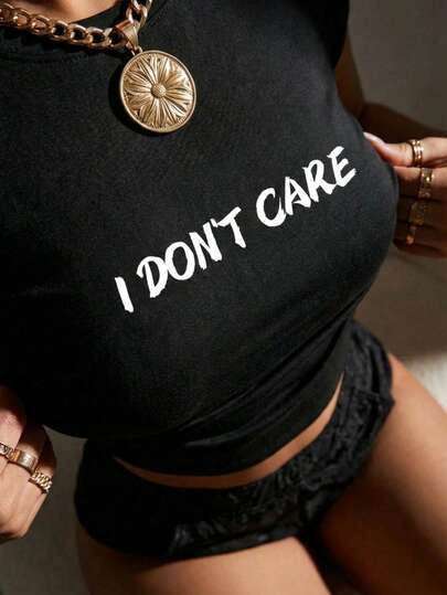 I Don't Care" Graphic Cropped Short Sleeve Round Neck Fitted T-Shirt, Suitable For Spring & Summer, Casual Resort Minimalist Office Style, Women's T-Shirt, Women's Basic Top, Cropped Top, Outdoor Top, Spring Women's Wear, Short Sleeve Top, Spring, Graphic Shirt, Summer Top, Summer Women's Wear, Top, Women's Top, Summer, Cropped Top, T-Shirt
