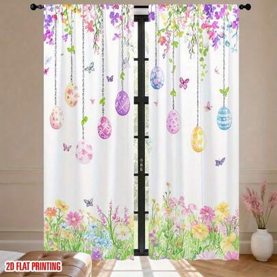 2 pezzi Tenda a catena con uova di Pasqua, caratterizzata da motivi floreali e farfalle dai colori vivaci, stampa piatta 2D e trasparenza. Adatta per decorare finestre di soggiorni, camere da letto, cucine e sale da pranzo, perfetta per stili di arredamento primaverili e vivaci.
