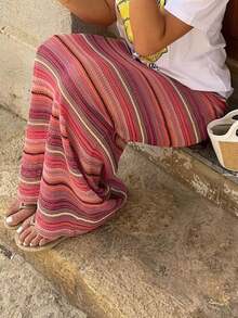 Look Polly Women's Summer Vacation Skirt, Bohemian Style High Waist Knitted Striped Skirt, Suitable For Valentine's Day, Carnival, Holiday Dinner Parties And Other Occasions - Pink - View 7