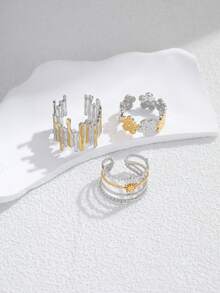 Set de 3 anillos abiertos de acero inoxidable con degradado de color, diseño de árbol de raíces y flor, adecuado para uso de mujeres o como regalo - Amarillo Oro - Ver 3