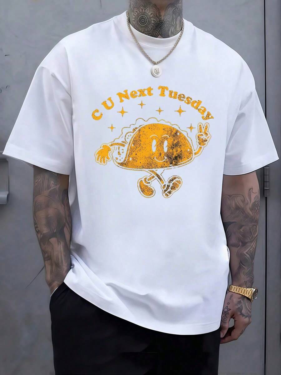 Figura de un taco sonriente que levanta su mano mostrando un gesto de paz rodeado de estrellas doradas simboliza alegría energía positiva y diversión ideal para quienes buscan expresar buena vibra camiseta de hombre casual cómoda para diario - Blanco - Ver 1