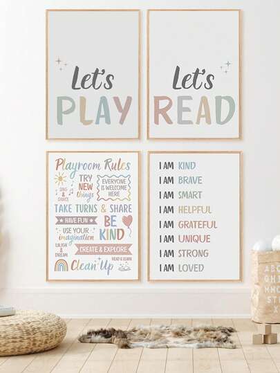 1pc Canvas Wall Art - Baby Goods Four Neutral Posters For Kids' Playroom, Including Playroom Encouragement Rules Decor, Bohemian-Style Toddler Bedroom Art Sign Prints Framed Nursery Wall Art Perfectly Suited For Playroom Decor Nursery Decor, Parenting Room Decor, Kindergarten Decor, Boy's Room Decor, Girl's Bedroom Decor, Kids' Room Decorative Art