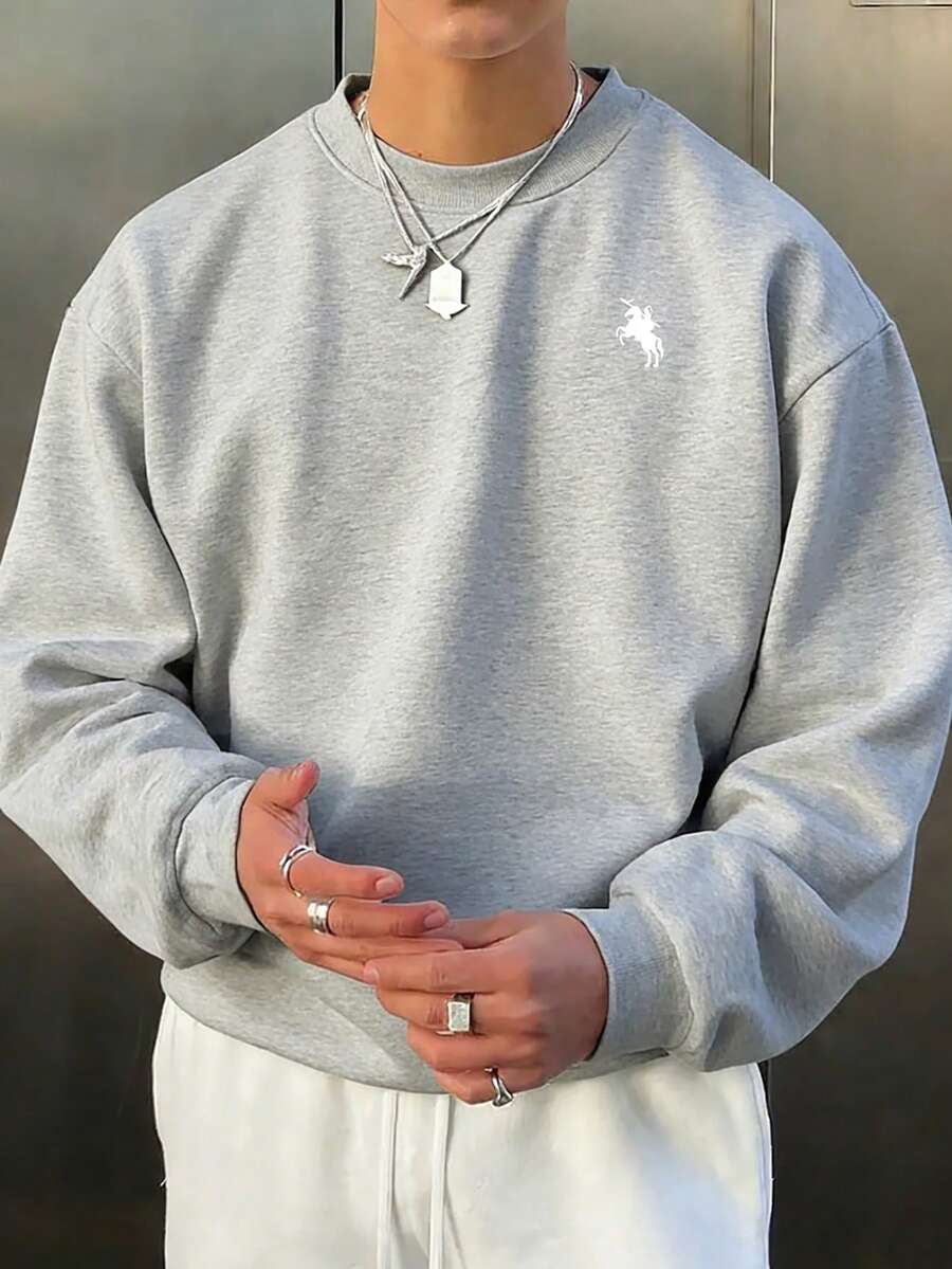 男士休闲日常通勤简约百搭马匹印花圆领卫衣，春秋季 - 灰色 - 查看 1