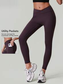 女士交叉腰带口袋瑜伽裤，收腹运动跑步瑜伽紧身裤 - 紫色 - 查看 1