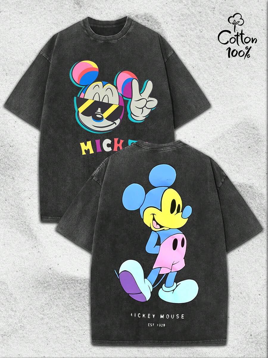 (230 Grams Of Pure Cotton Washed Fabric)Disney Disney Mickey Mouse - Double Sides Printed T-Shirt. Retro Washed Street Fashion Casual T-Shirt,100 Percent Cotton.Retro Washed T-Shirt , Men's T-Shirt, Men's Casual, Comfortable, Fashionable T-Shirt, Street Style Cotton - 黑色 - 查看 1