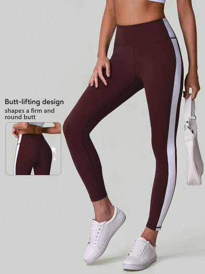 女士高腰撞色显瘦多功能休闲运动瑜伽紧身裤，适合健身房、户外活动和运动员训练