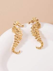 1 Pair Retro Elegant Seahorse Gold Earrings, Suitable For Women, Fashionable & Novel Design, Suitable For Daily Wear And Gift-Giving, Suitable For All Seasons - Haima - View 3
