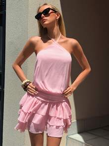 女士休闲雪纺露背吊带迷你连衣裙，层叠荷叶边下摆，细肩带后背系带，休闲时尚，适合海滩度假、夏季出游、浪漫约会、休闲外出、海边派对等场合。 - 粉色 - 查看 4