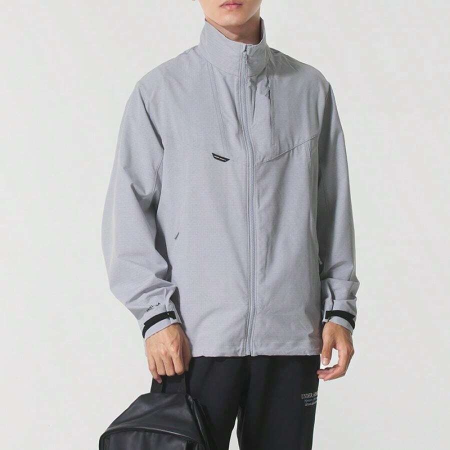 Under Armour 亚太区男士都市军绿色磨毛夹克，简约宽松轻便休闲立领夹克，带拉链口袋，日常及运动外套 - 摩登灰 - 查看 1