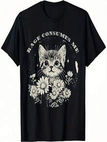 Camiseta divertida de gato [Camiseta divertida de gato] Algodón suave Gatito furioso 2025 Camiseta gráfica divertida de gato - "La furia me consume" Gatito sarcástico y estampado floral - Negro - Ver 1