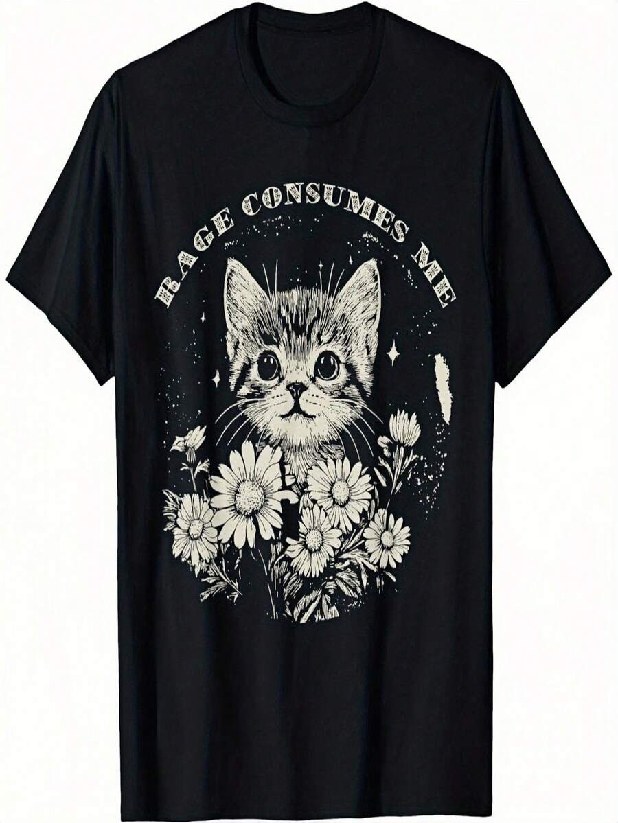 Camiseta divertida de gato [Camiseta divertida de gato] Algodón suave Gatito furioso 2025 Camiseta gráfica divertida de gato - "La furia me consume" Gatito sarcástico y estampado floral - Negro - Ver 1