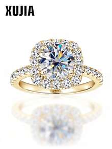 XUJIA 1 pieza Anillo de compromiso de halo de 2 quilates de moissanita, plata esterlina 925, moissanita de corte redondo de 8 mm, acentos de circonita cúbica de 1,7 mm y 1,9 mm, banda de boda de aniversario, regalo de joyería - Amarillo Oro - Ver 2