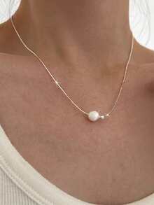 1pc S925 Sterling Silver Minimalist Round Pearl Necklace, Women's Elegant Lightweight Luxury Beaded Snake Chain Gift - Pearl - View 1