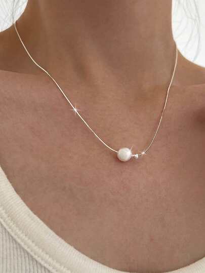 1pc S925 Sterling Silver Minimalist Round Pearl Necklace, Women's Elegant Lightweight Luxury Beaded Snake Chain Gift