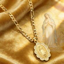 一件式欧美宗教圣母玛利亚吊坠项链，简约流行的瓜达卢佩圣牌吊坠项链，基督教圣灵复古首饰，节日祈祷礼物，圣诞饰品，天主教信徒必备 - 金色 - 查看 2