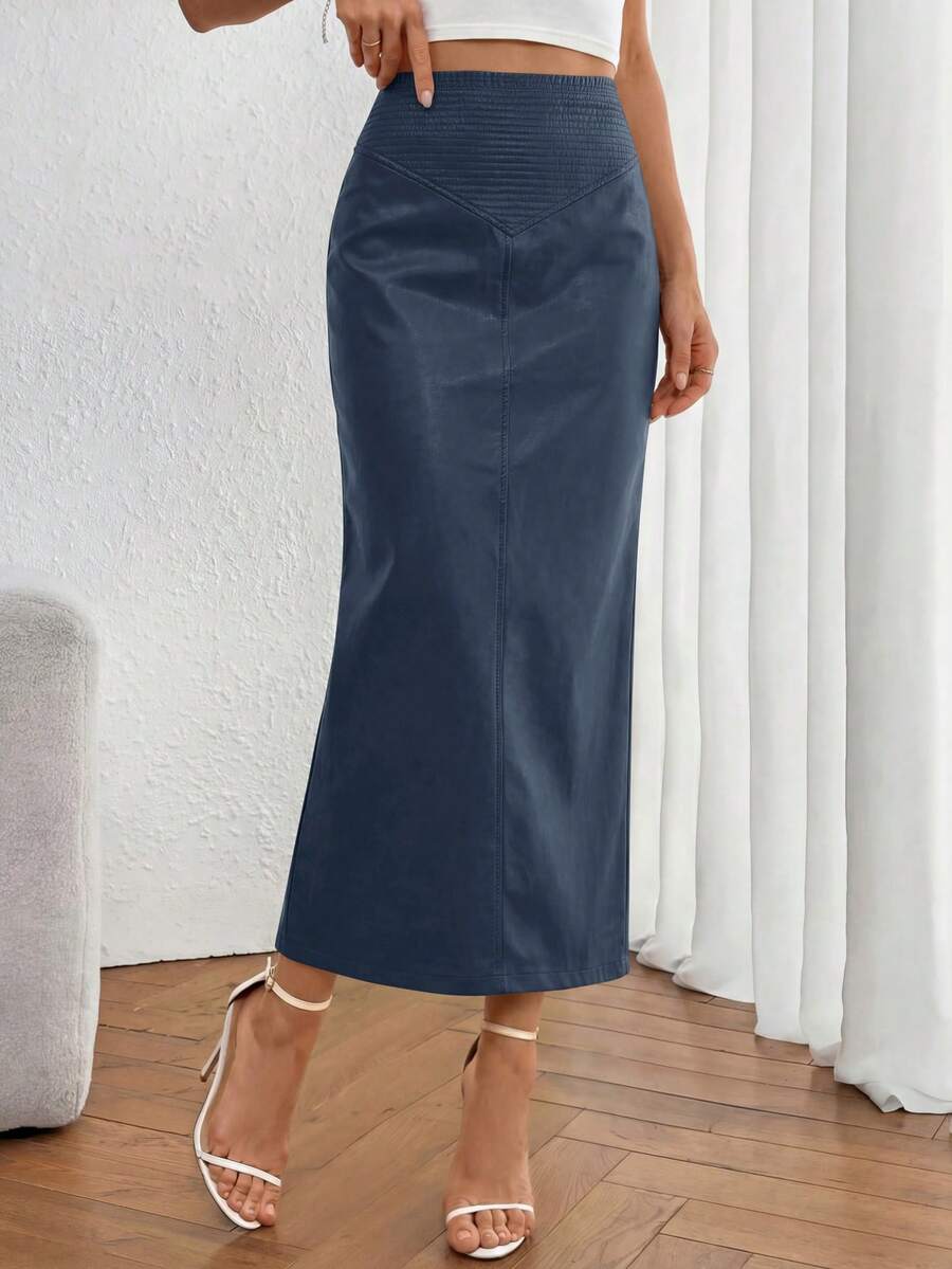 Women's New Fall Faux Leather Maxi Skirt, High Waist, Elegant Casual Pencil Maxi Skirt Slit Design New Years Valentine Vacation Skirt - Xanh nước biển - Xem 1