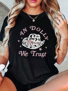 Plus Size - Plus Size - Country Music Sentiment 'IN DOLLY We Trust' with Cowboy Hat Pattern Printed Plus-Size Women'S Fashionable Casual Round-Neck T-Shirt for Spring And Summer - Negro - Ver 1