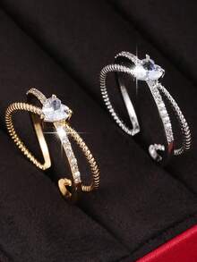 1pc Gentle Heart Sparkle Adjustable Ring, Double-Layer Criss-Cross Design, Luxury Daily Wear Accessory - Ring - View 5