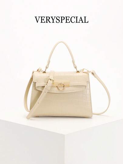 1pc Khaki Crocodile Embossed PU Square Handbag, Fashionable Buckle Round Ring Hardware Lock Closure, Elegant Lady's Commuter Tote Bag For Work