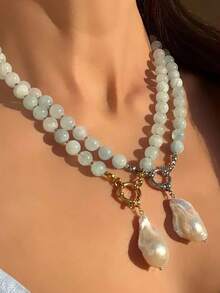 1件巴洛克风格仿珍珠几何串珠铜色项链，女士款，适合派对、聚会、仪式和日常佩戴 - 彩色 - 查看 10