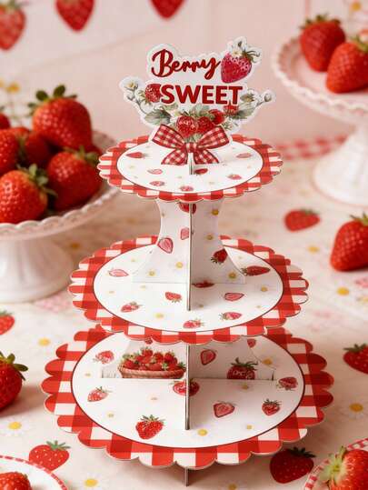 1 Set Strawberry Birthday Party Cake Stand, Includes Cute Strawberry Pattern Paper Cupcake Stand, Dessert Display Rack, Paper Cake Tray, Suitable For Cake Decoration, Strawberry Themed 1st Birthday Party Decor, 1st Birthday Party Supplies, Baby Shower Party Decor, Gender Reveal Party Decor, Strawberry Party Disposable Tableware, Strawberry Party Decorations