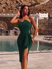 ADYCE Elegant Strapless Ruched Asymmetric Ruffle Hem High Slit Backless Party Dress, Suitable For Ball, Wedding, Guest Party, Homecoming, Date Night, Cocktail Party, Birthday Party, Holiday Party, Family Gathering, Etc. Spring - Green - View 7