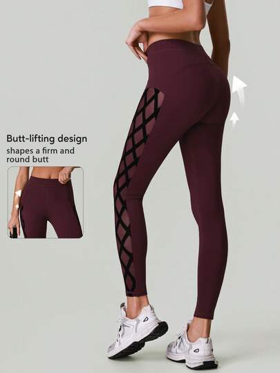 Quần legging tập thể dục nữ cạp chun co giãn, ôm bụng, phối lưới chéo gợi cảm, thích hợp cho Pilates và Yoga.