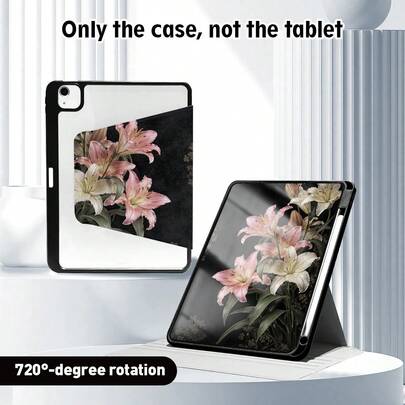 1 件装花卉图案翻盖平板电脑保护套，带笔槽、720 度旋转支架、PU 皮革材质，具备自动休眠/唤醒功能，适用于华为、荣耀、苹果等平板电脑品牌，适合返校季、情人节等场合。