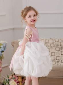 Young Girls Pearl Chain White Mesh Elegant Party Dress, Princess Dress, Pink Dress, Suitable For Girls Birthday Party, Prom, Wedding Flower Girl, Graduation, Casual Outings - Pink - View 8