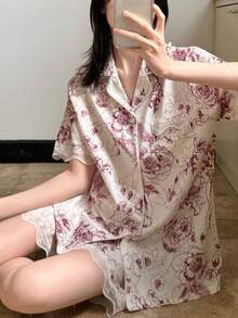 Bộ đồ ngủ nữ 2 món cổ ren - Áo tay ngắn và quần short phối ren đen trắng, thích hợp cho mùa xuân/hè. - Màu Đỏ Sâu - Xem 4
