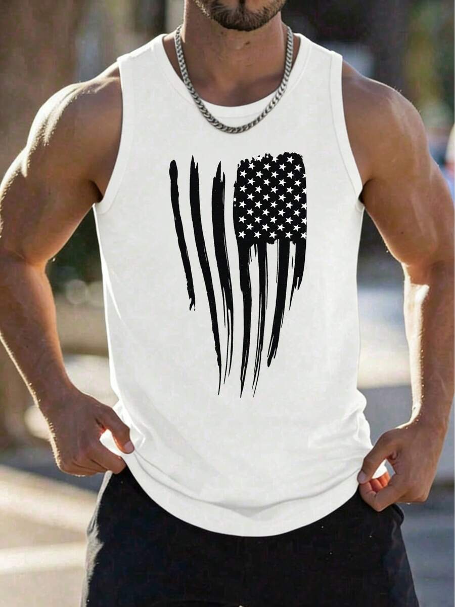 Men's Casual USA Flag Print Sleeveless Tank Top, Summer - 白色 - 查看 1