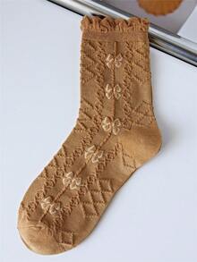 1 Pair Women's Socks With 3D Bow Ruffle Embossed Design, Bubble Hem Mid-Calf Socks, Spring/Summer - Camel - View 5