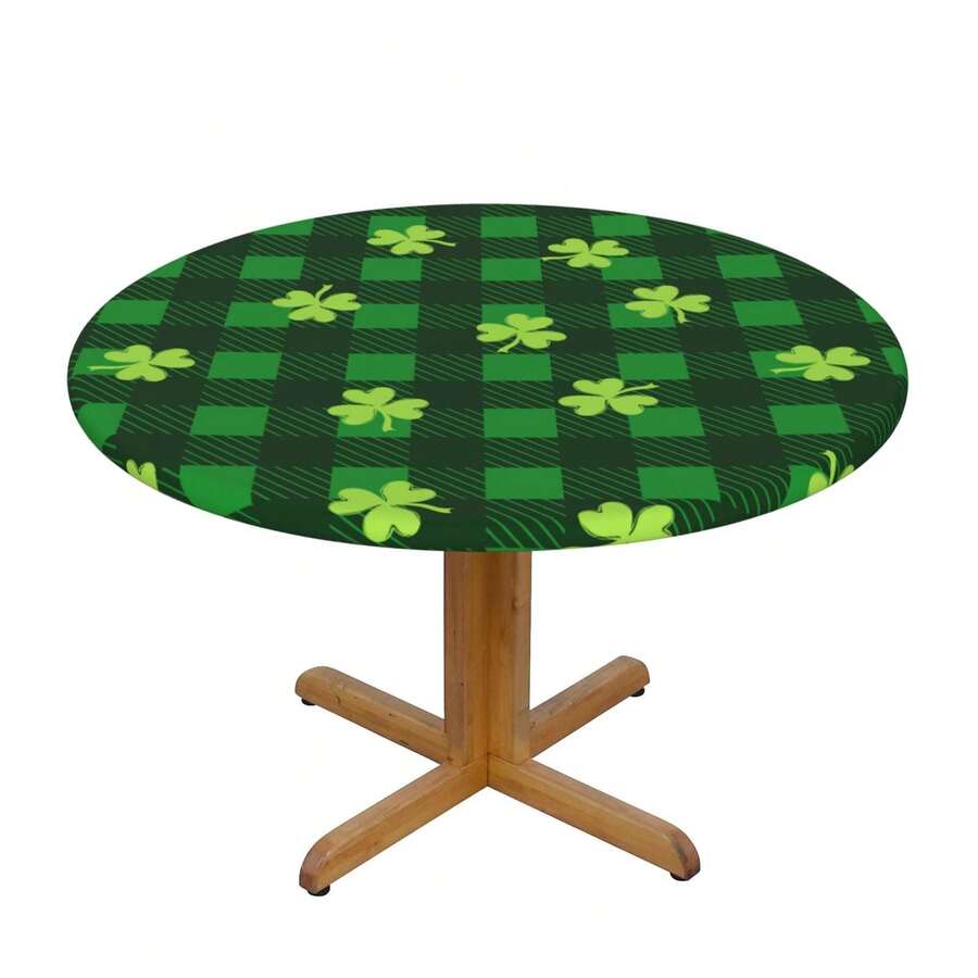 Leaves Clovers St. Patrick's Day Round Fitted Tablecloth With Elastic Edged, Circle Tablecover Waterproof  Household Table Cover For Outdoor Indoor Patio Kitchen,Home Kitchen Dining Camping Table Decor 40~50 In - Check Four-leaf Clover - View 1