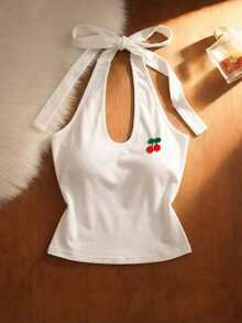 Áo hai dây croptop dễ thương cho nữ - Màu trắng, cổ chữ U, họa tiết quả anh đào 3D, nơ phía sau. - trắng - Xem 2