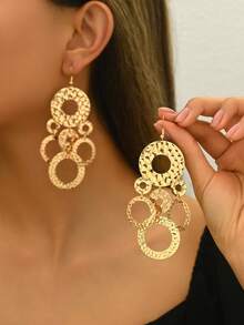 一对创意锤纹几何圆形夸张耳环，时尚优雅的女士首饰，适合日常佩戴、送礼、休闲和假日场合。 - 金黃色 - 查看 2