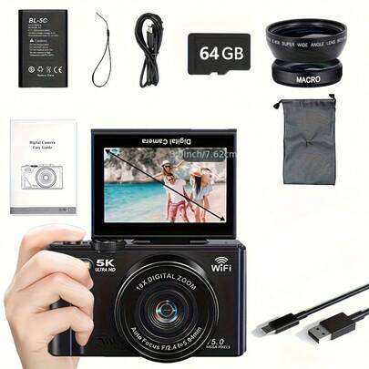 5K Digitalkamera | 75MP Autofokus Vlogging-Kamera mit 3-Zoll 180° Flip-Screen, 18x Digitaler Zoom, Anti-Shake, Enthält 1 Lithium-Polymer-Batterie, 32GB TF-Karte, Kartenleser, Adapter und Weitwinkelobjektiv