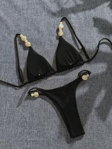 Quần bikini nữ thanh lịch, cổ điển, gợi cảm, lãng mạn, đính đá màu đỏ tía, tím cà, nâu hạt dẻ đậm, đồ bơi đi biển/nghỉ mát. - màu đen - Xem 5