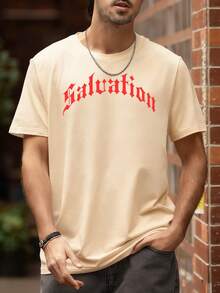 男士圆领短袖印花休闲上衣，日常穿着 - 杏色 - 查看 2