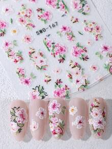 2片/套 时尚粉色花卉5D立体美甲贴纸，逼真樱花枝蔓美甲贴花，DIY水彩混合花卉美甲装饰，春夏美甲用品 - 彩色 - 查看 3