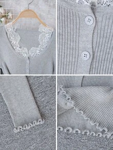女士灰色蕾丝拼接露背针织开衫，春夏新款，修身显瘦版型，长袖轻薄毛衣 - 灰色 - 查看 11