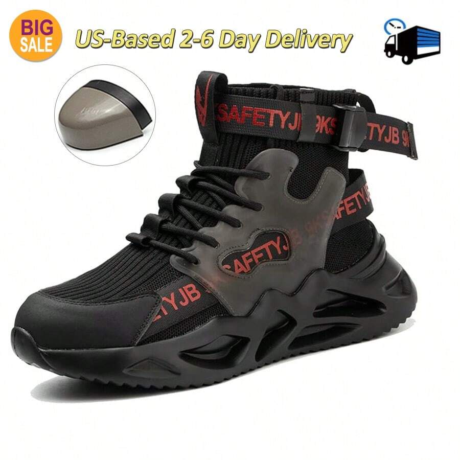 XQJ Black Steel Toe Boots For Men,Lightweight Work Shoes Mens, Indestructible Safety Sneakers ,Puncture Proof Construction Shoe Composite Toe Sneakers,Construction Working Boots, Black Steel Toe High Top Boots,Security Protective Boots Men,New Safety Boots Men, Outdoor Hiking Safety Boots Hiking Suitable For Sanitation Workers, Warehouses, Factories, Work And Outdoor Exploration, And Trainers - 黑色 - 查看 1