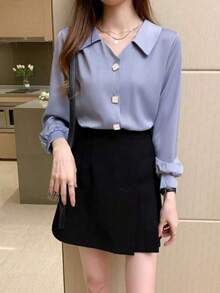 Blusa de diseño con manga larga y seda de moda - Neblina azul - Ver 4