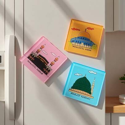 3Pcs Set Of Islamic Mosque Magnetic Stickers, Suitable For Eid Al-Fitr Gifts, Hajj, And Ramadan - Featuring Arabic Calligraphy And Patterns, With Magnetic Design On The Back, Can Be Attached To Refrigerator Doors, Suitable For Islamic New Year, Eid Al-Adha, And Hajj Decoration