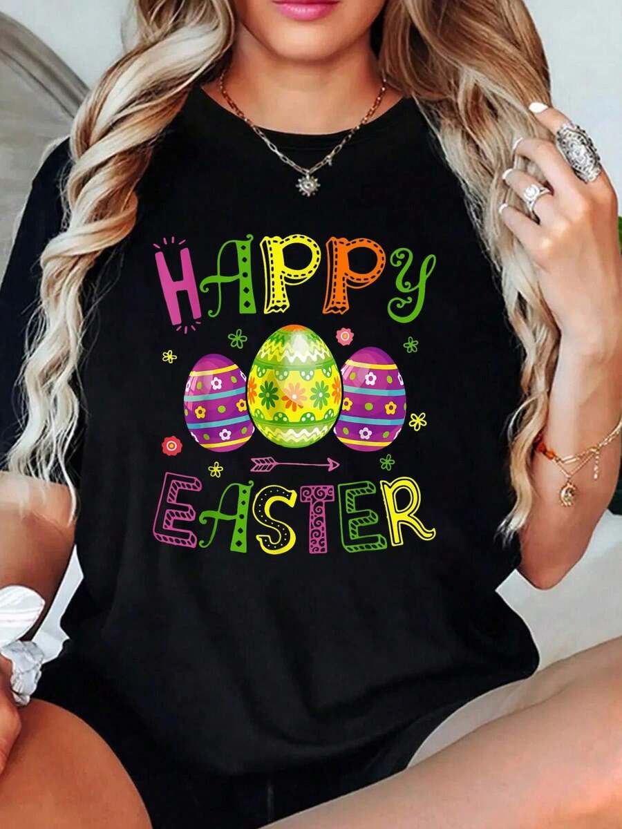 Happy Easter Day Egg Easter T-Shirt, Boys Girls Easter T Shirt Egg Easter Day T-Shirt Women's Round Neck Short Sleeve T-Shirt Fashion Graphic Tees Women Top - Black - View 1