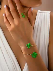 1 Bracelet+1 Ring - Casual Classic Four Seasons Simple Small Flower Daily Women's Two Pieces Jewelry Set Suitable For Daily Commuting Wear - No Gift Box - Green - View 7