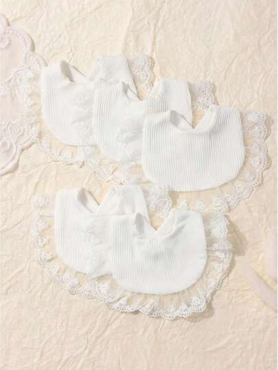 5件套新生儿白色可爱华夫格蕾丝围兜套装，适合日常四季使用