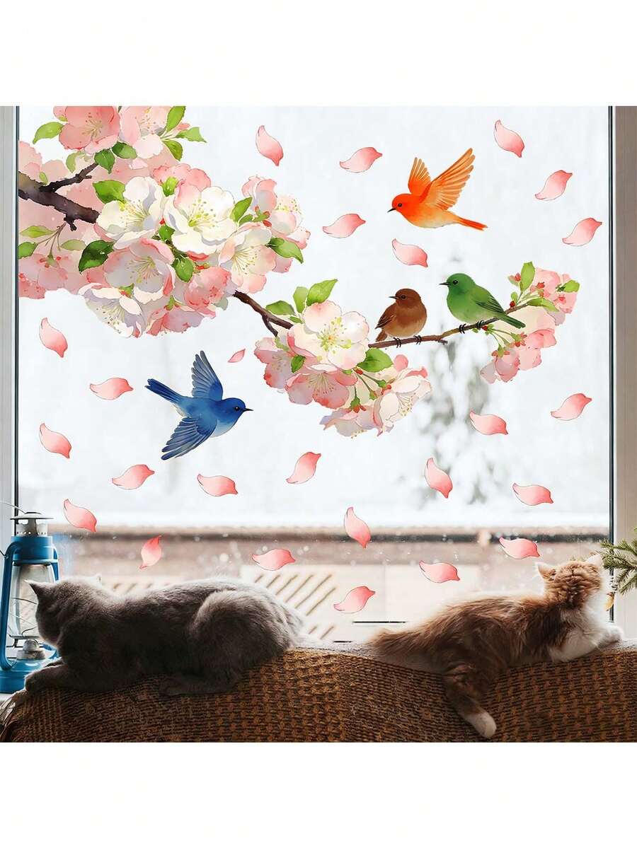 1pc Flower Branch & Bird Window Sticker, Self-Adhesive Removable Design, Creates Natural Scenery For Bedroom, Living Room Or Study, Multi-Space Natural Style Window Decor Set, Unifies Visual Effect For Home Or Office Glass, Instantly Brightens Sunny Window View, Easily Adds Joyful Natural Ambiance In Sunlight - Birds On Flowers - View 1