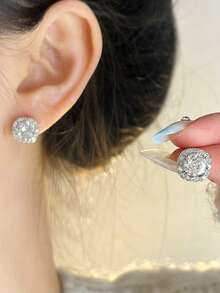 1 Pair S925 Sterling Silver Square Diamond Stud Earrings, Minimalist Design, Fashionable Versatile Luxury Elegant Earrings Gift For Women - square diamond - View 3