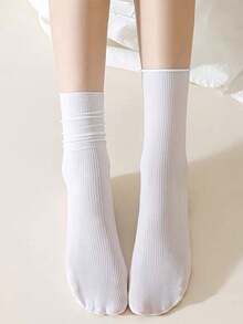 5pairs Women's Breathable Rolled Cuff Pile Heap Socks, Summer Thin Mid-Calf Cool Stockings, White, Fall - White - View 2